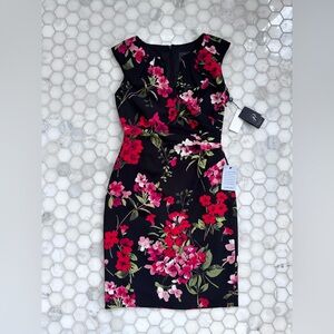 Adrianna Papell Black Dress with Red and Pink Floral Design